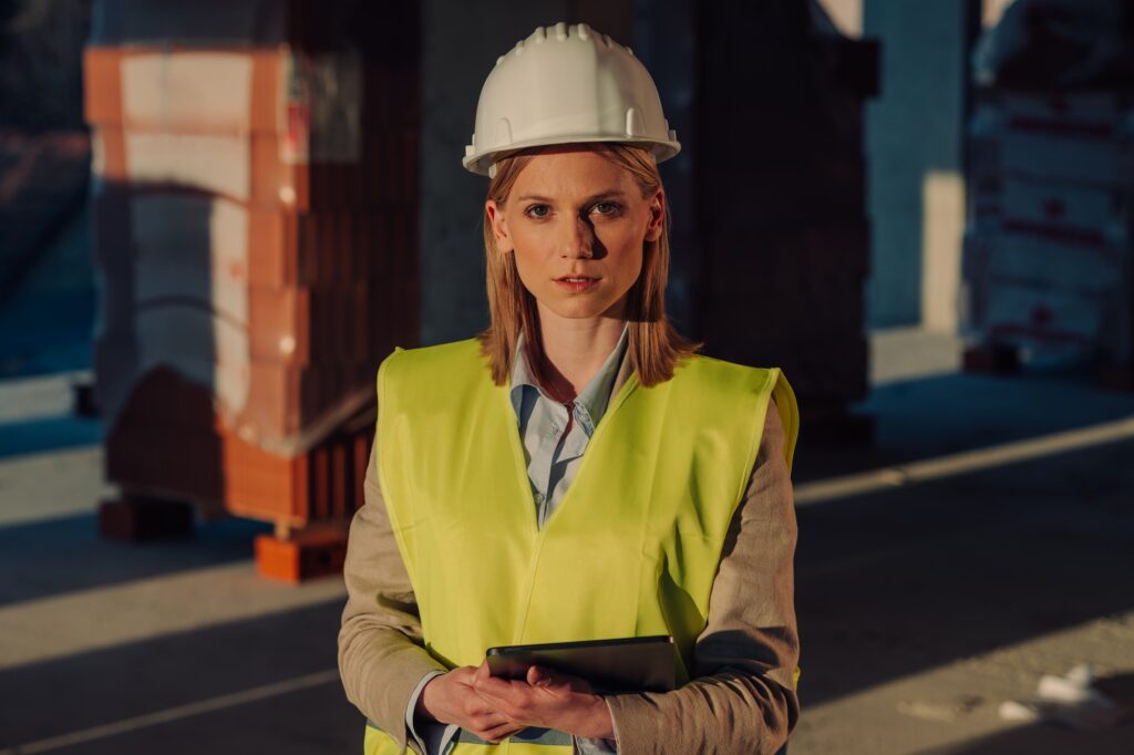 Female engineer holding tablet wearing hardhat and safety vest at construction site
